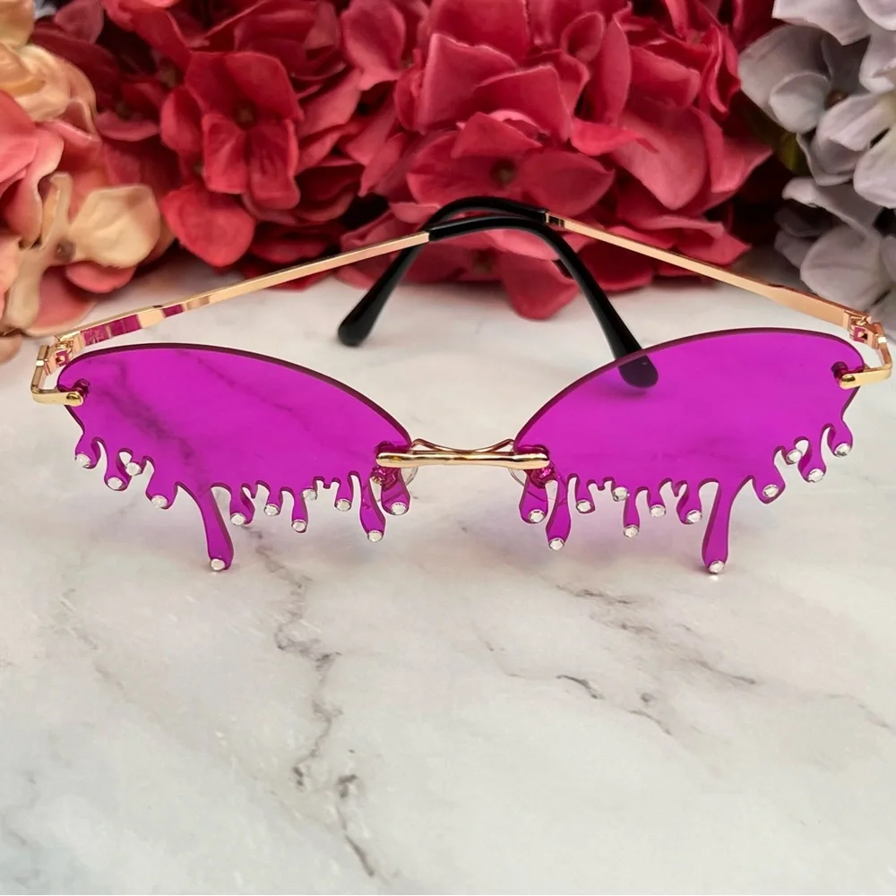 Steampunk Dripping Magenta Rimless Sunglasses with Crystals - Picture 8 of 16